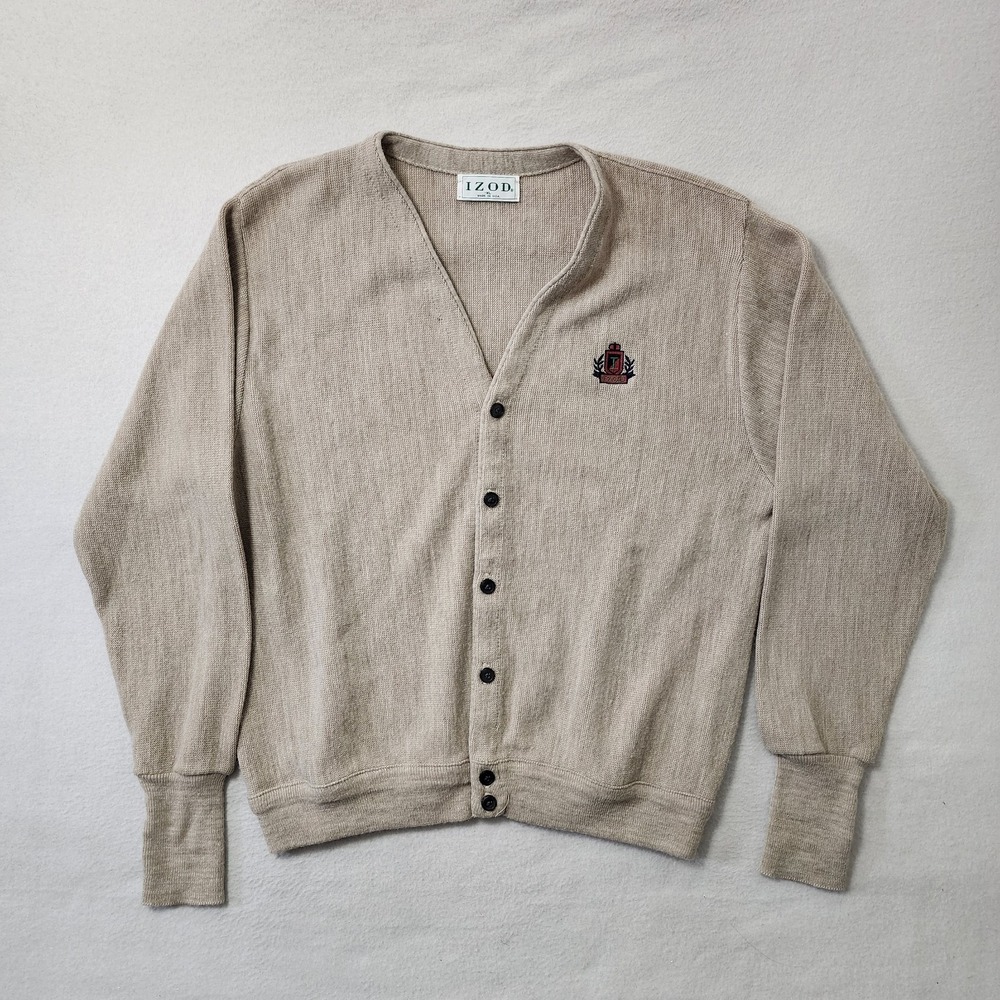 Vintage 80s IZOD Cardigan Sweater Mens XL Beige Button Embroidered USA Acrylic